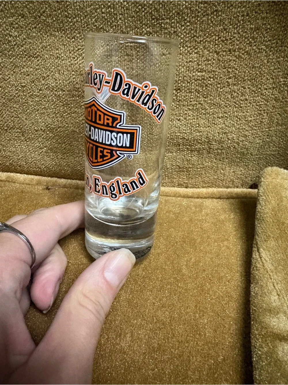 Harley-Davidson Clear Shot Glass with Orange and Black Logo